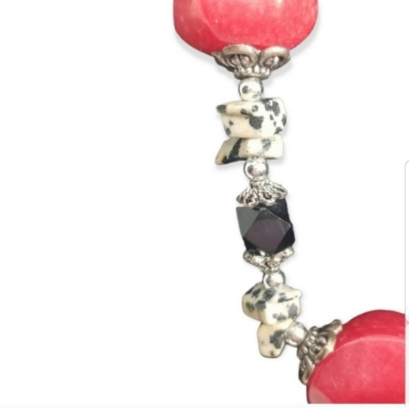 DALMATION JASPER, BLACK ONYX & RED AGATE STONE ORNATE VINTAGE NECKLACE - Picture 4 of 5